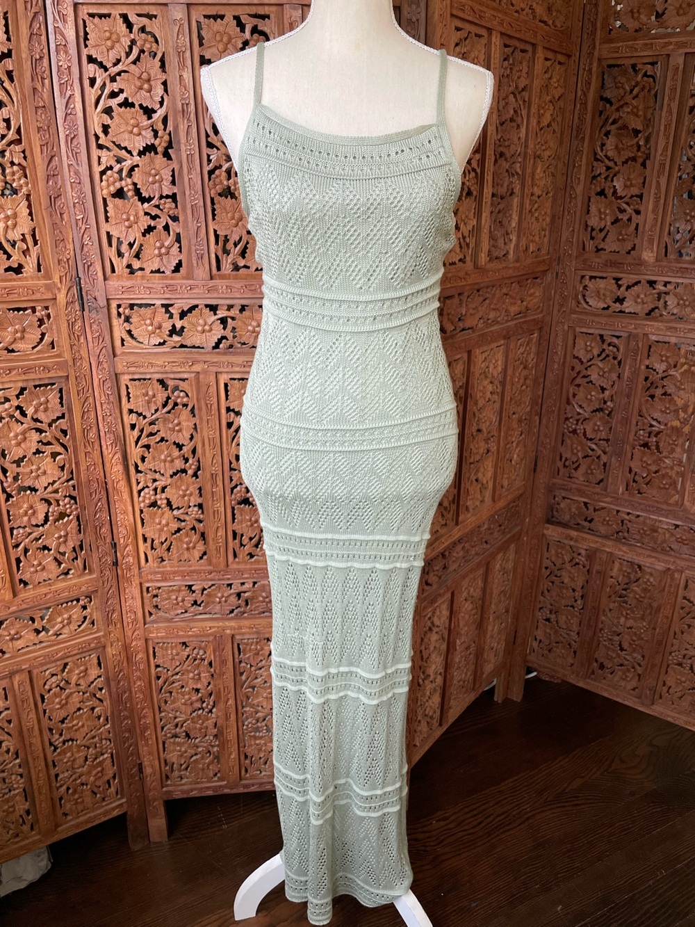 Brand New Sage Green Knit Crochet Maxi Dress with Spaghetti Straps